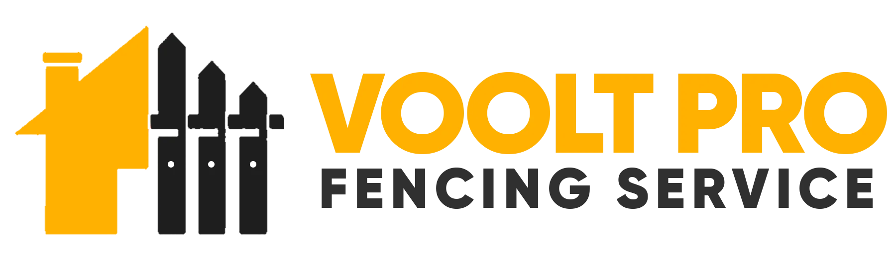Logo for Voolt Pro Fencing Service, featuring a yellow house silhouette and black fence posts next to the company name.