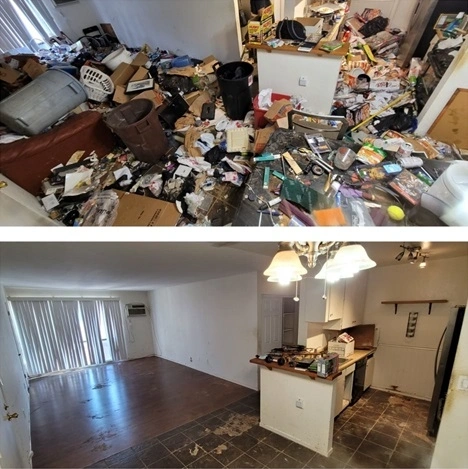 Before and After: VooltPro Junk Removal cleans a home filled with junk to a sparkling clean living space.
                