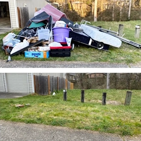 Before and After: VooltPro Junk Removal cleans a pile of junk to a clean backyard.