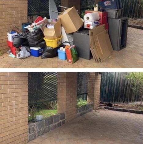 Before and After: VooltPro Junk Removal gets rid of junk and trash to clean an outdoor area.
                