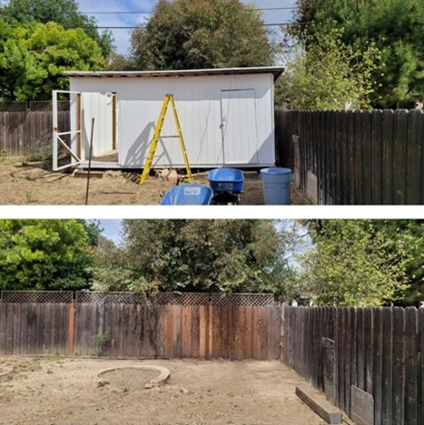 Before and After: a shed and backyard full of junk are turned into a clean area.