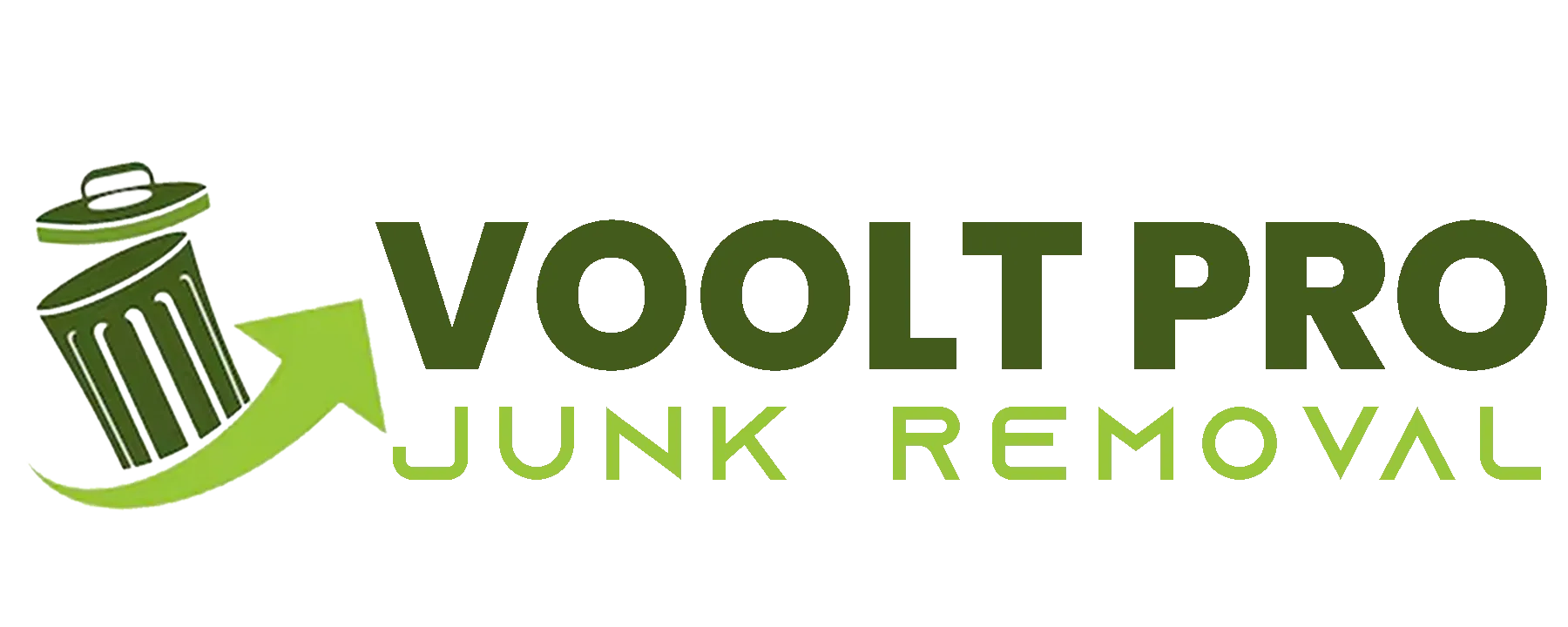 The logo for VooltPro Junk Removal features a green trash can with the lid slightly askew and a green arrow arcing up behind the trash can.