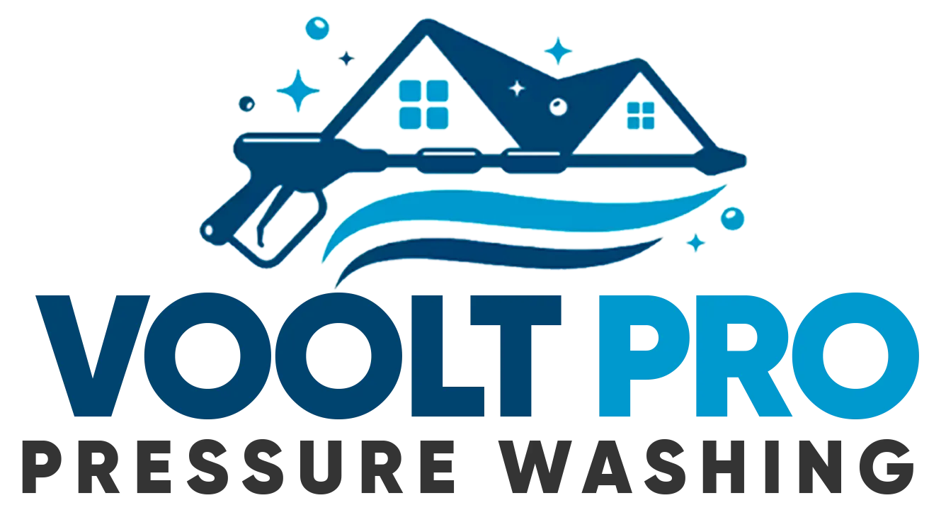 Voolt Pro Pressure Washing logo featuring a stylized pressure washer forming the roof of a house, with sparkling clean effects and blue water waves underneath.